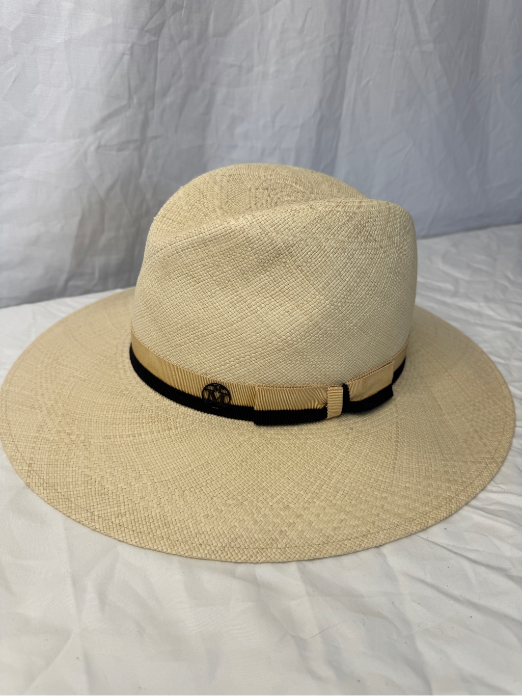 Maison Michel Paris Nwt Wide Brim Straw Fedora Hat In Natural W/Black & Tan Trim
